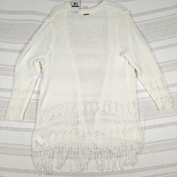 Michael Kors White Fringe Hem Open Knit Cardigan Sweater Size L NWT - Picture 2 of 9